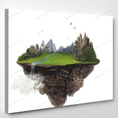 Isolated Green Island Mountain Waterfall Flying - Fantasy Canvas Art Wall Decor