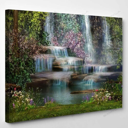 Magical Landscape Waterfalls Flowers Trees - Fantasy Canvas Art Wall Decor
